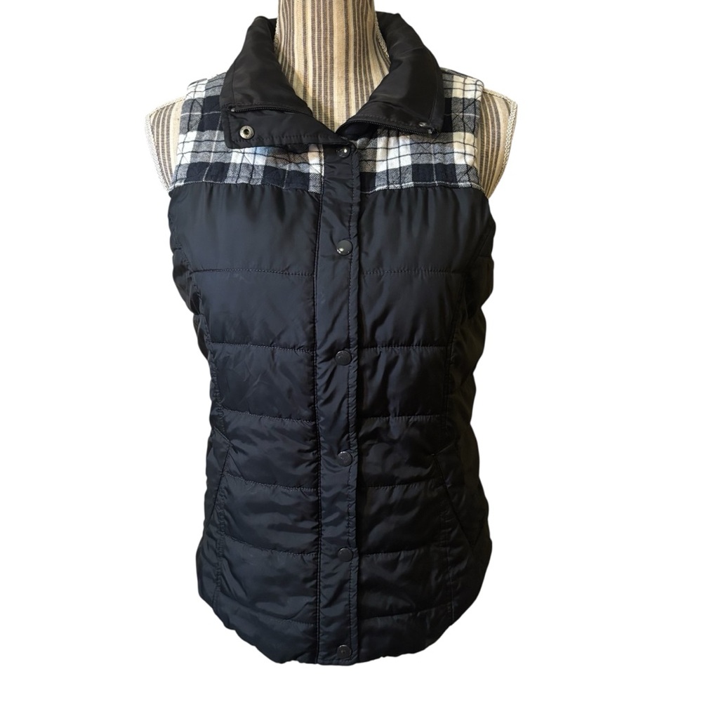 SO Puffer Vest Medium Black White Plaid Panel Zippered Snap-Up Pockets Gorpcore